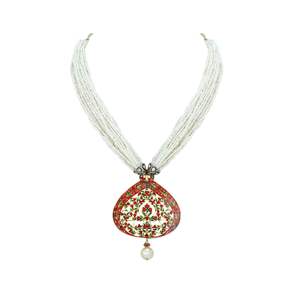 Polki Necklace Set with Green Enamel, Pearl Strands, and Drops